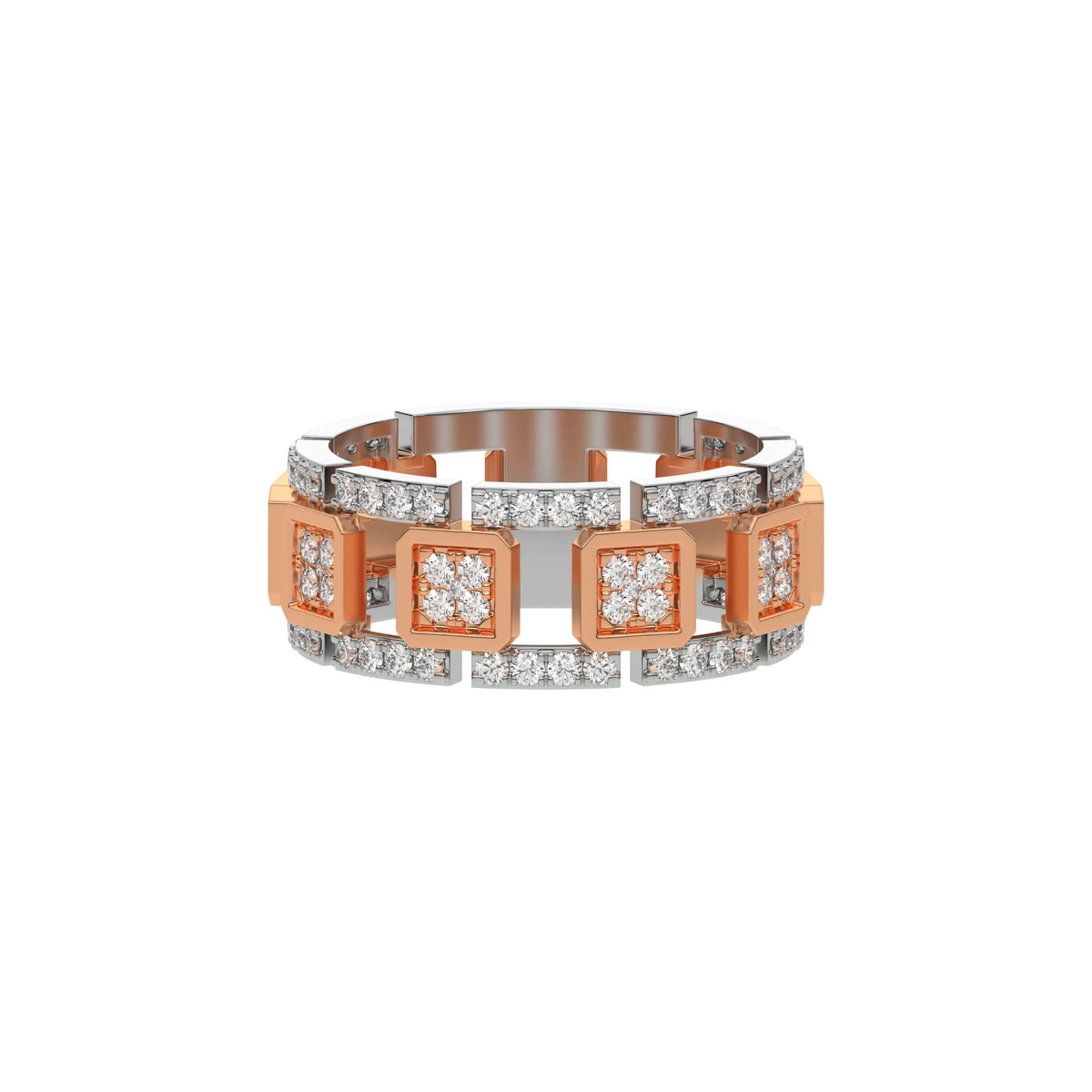  This dual-tone diamond eternity ring, meticulously crafted with solid gold and adorned with approximately 1.05 carats of round brilliant-cut diamonds. Each diamond is expertly set in a secure prong setting in top view