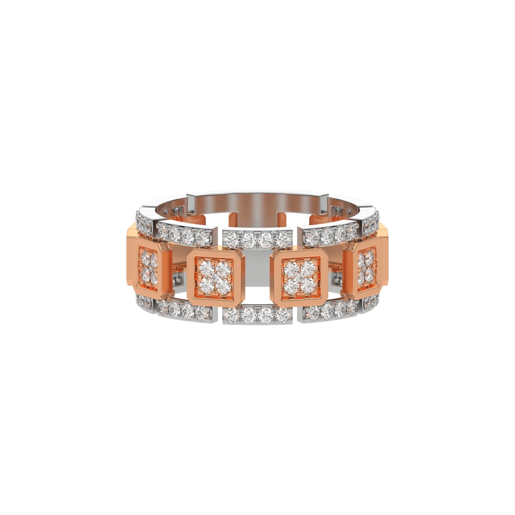  This dual-tone diamond eternity ring, meticulously crafted with solid gold and adorned with approximately 1.05 carats of round brilliant-cut diamonds. Each diamond is expertly set in a secure prong setting in top view