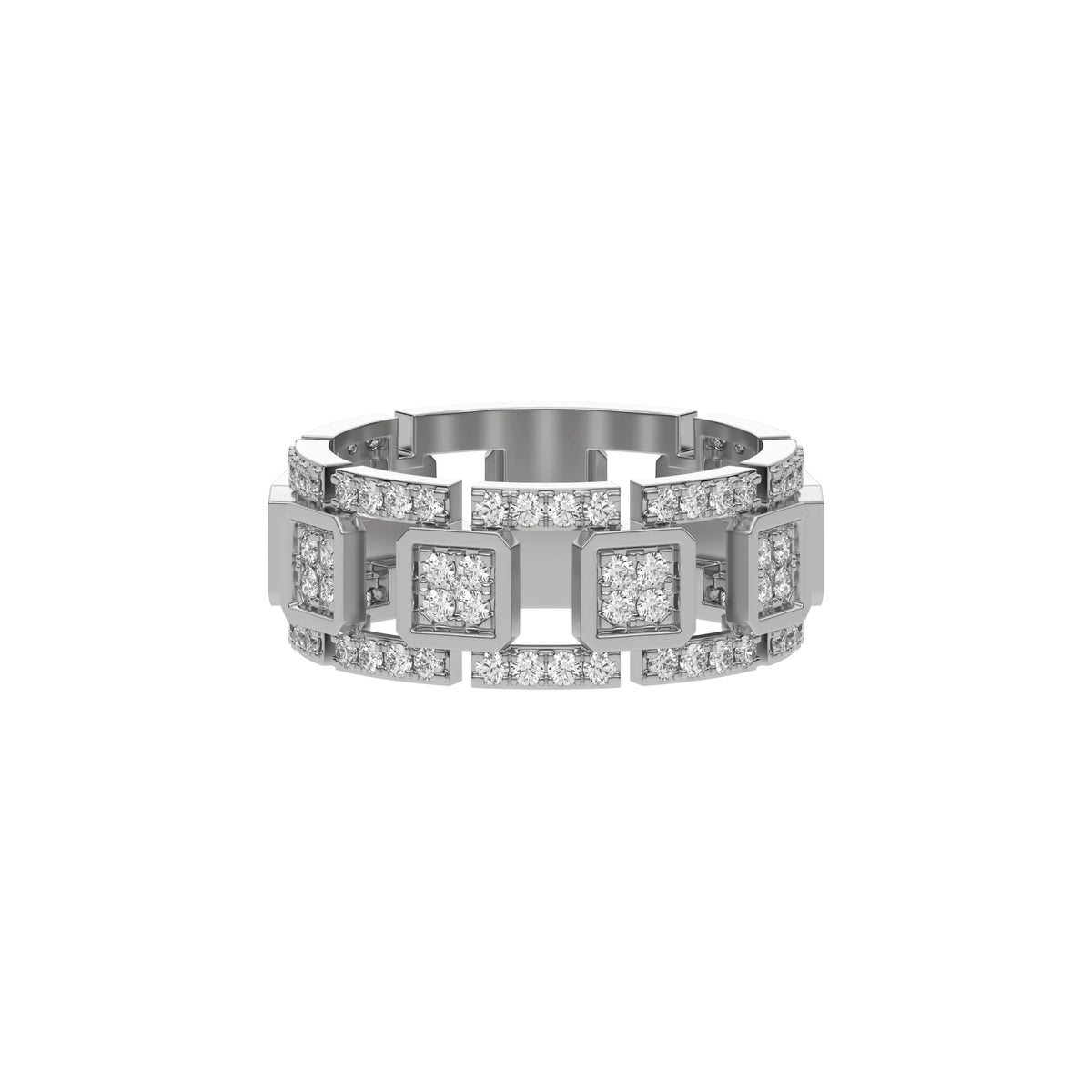  This dual-tone diamond eternity ring, meticulously crafted with solid gold and adorned with approximately 1.05 carats of round brilliant-cut diamonds. Each diamond is expertly set in a secure prong setting in top view