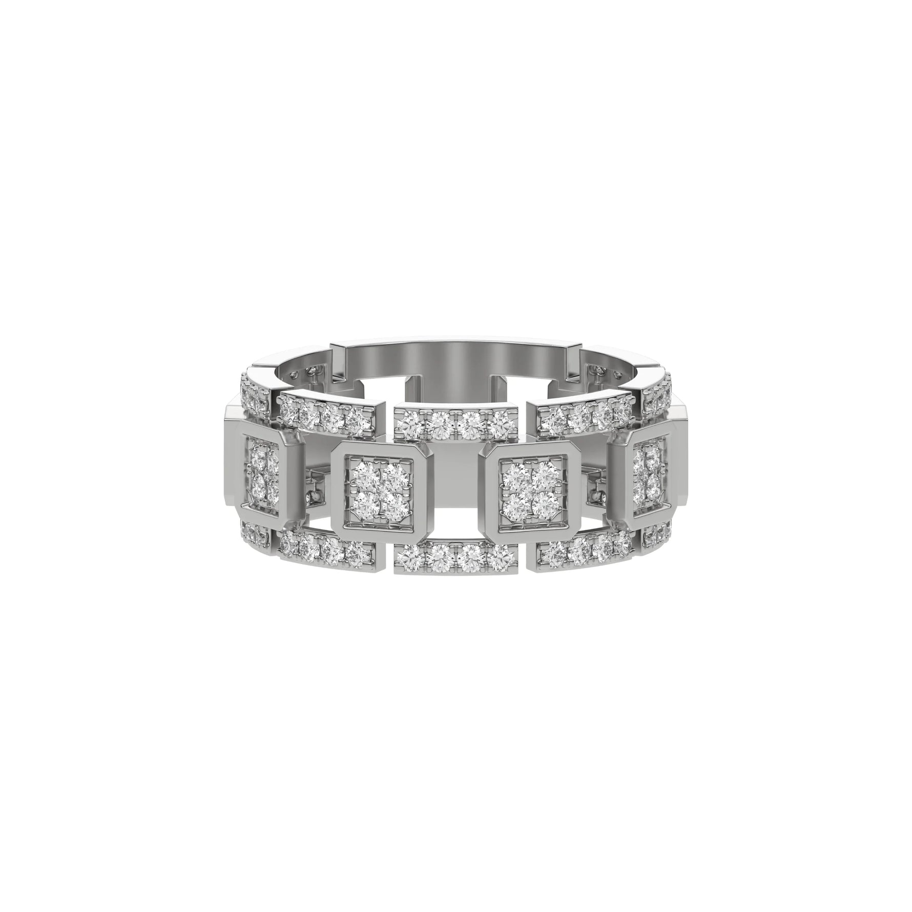  This dual-tone diamond eternity ring, meticulously crafted with solid gold and adorned with approximately 1.05 carats of round brilliant-cut diamonds. Each diamond is expertly set in a secure prong setting in top view