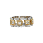  This dual-tone diamond eternity ring, meticulously crafted with solid gold and adorned with approximately 1.05 carats of round brilliant-cut diamonds. Each diamond is expertly set in a secure prong setting in side view