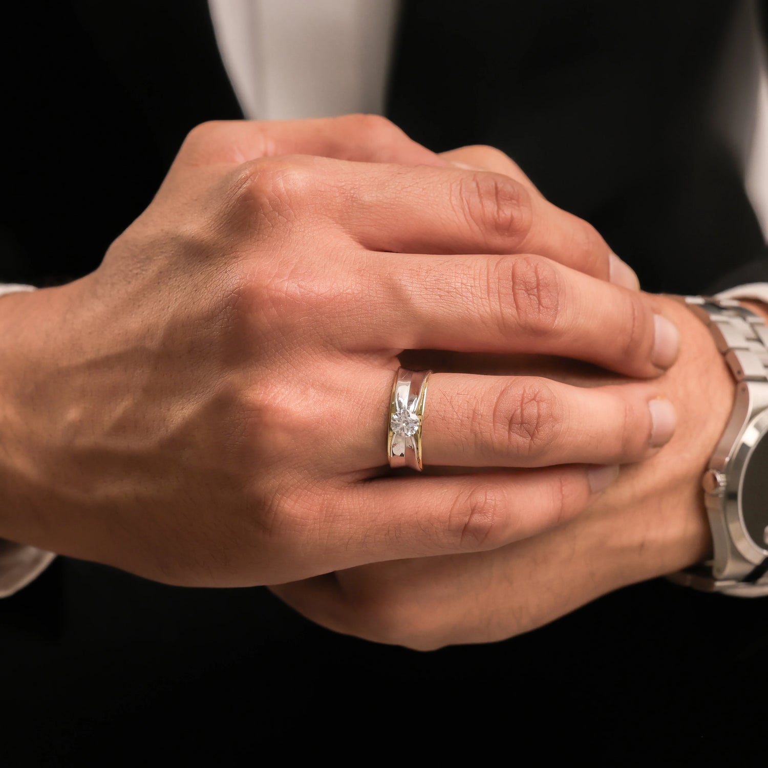 Two Tone Mens Solitaire Diamond Ring