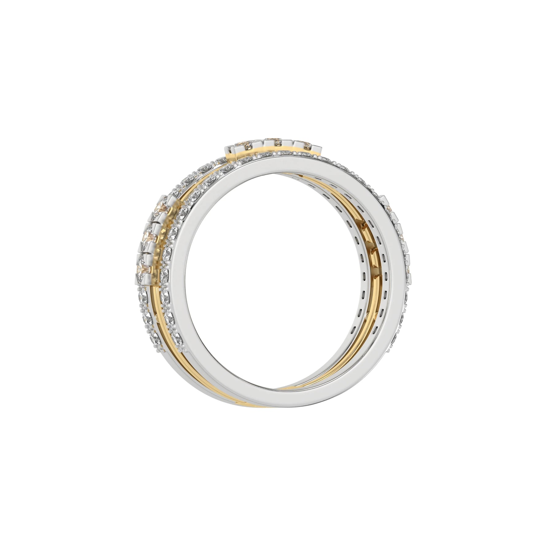 This dual-tone diamond eternity ring, featuring approximately 1.55 carats of round brilliant-cut diamonds meticulously set in a combination of prong and flush settings in through finger view