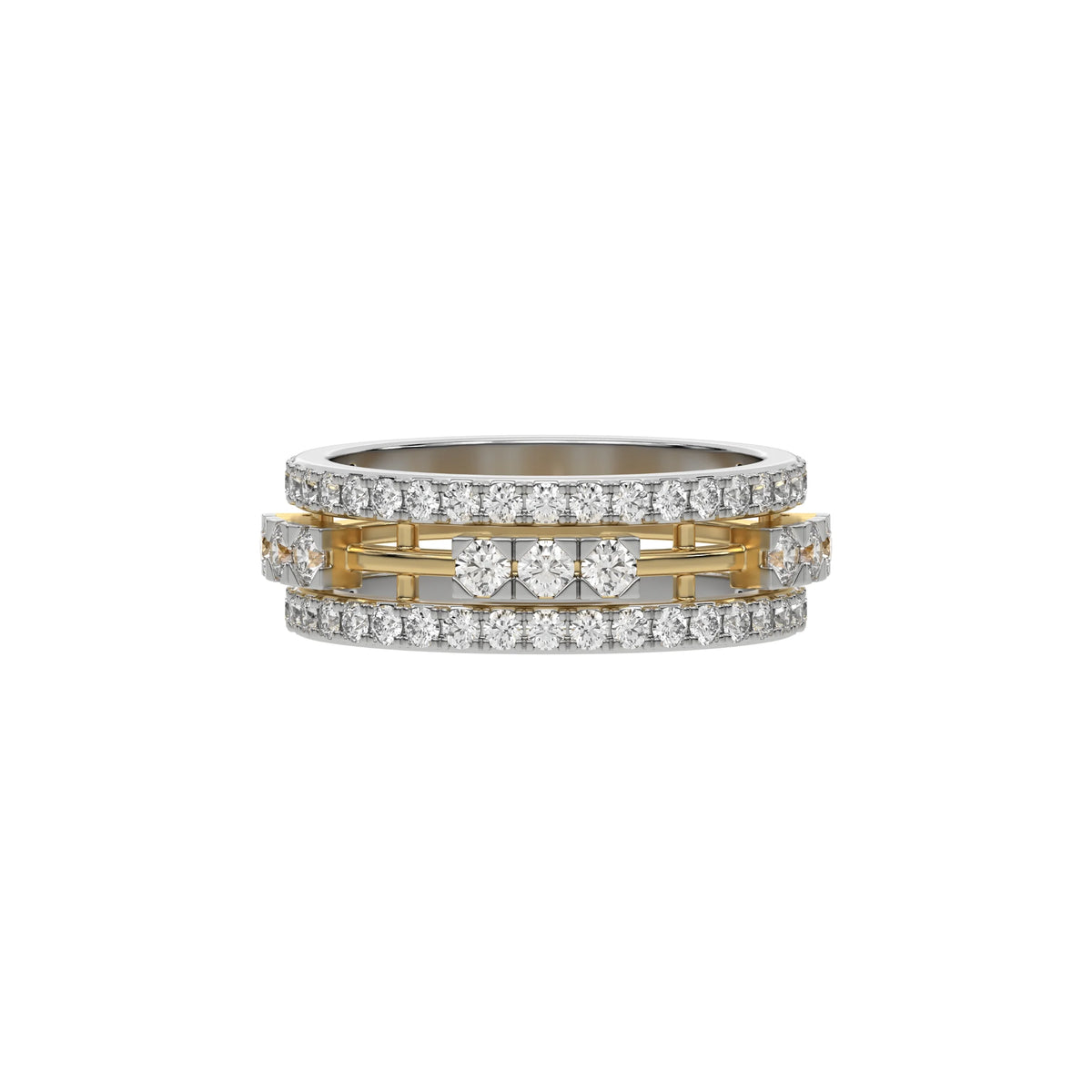 This dual-tone diamond eternity ring, featuring approximately 1.55 carats of round brilliant-cut diamonds meticulously set in a combination of prong and flush settings in top view