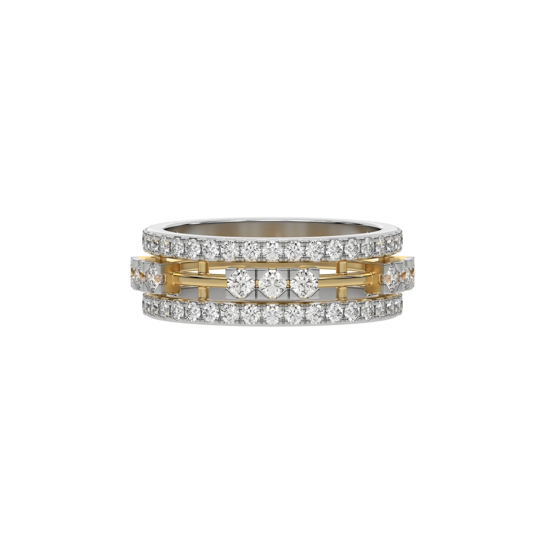 This dual-tone diamond eternity ring, featuring approximately 1.55 carats of round brilliant-cut diamonds meticulously set in a combination of prong and flush settings in top view