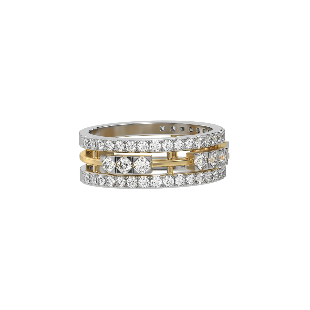 This dual-tone diamond eternity ring, featuring approximately 1.55 carats of round brilliant-cut diamonds meticulously set in a combination of prong and flush settings in side view