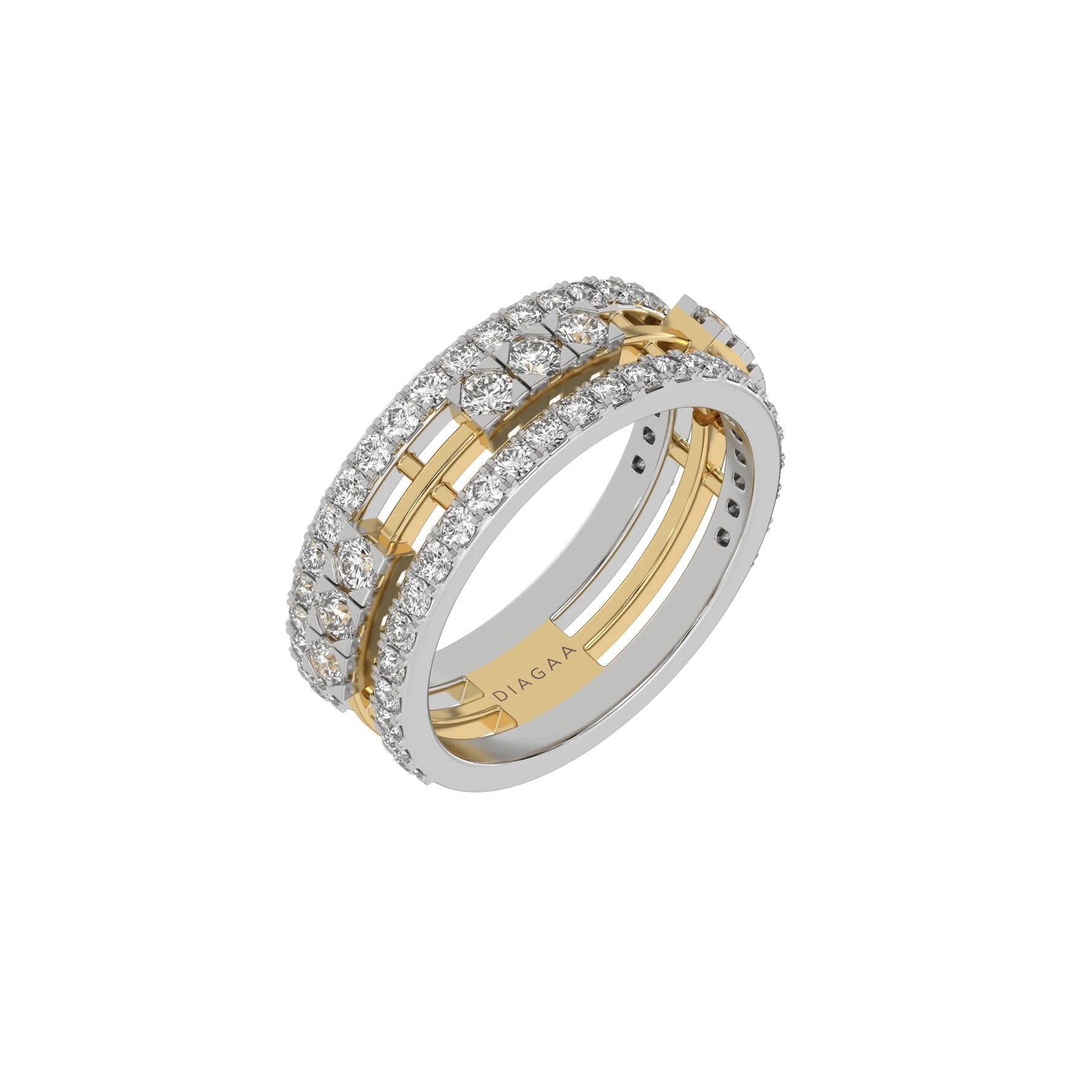 This dual-tone diamond eternity ring, featuring approximately 1.55 carats of round brilliant-cut diamonds meticulously set in a combination of prong and flush settings in 3d view