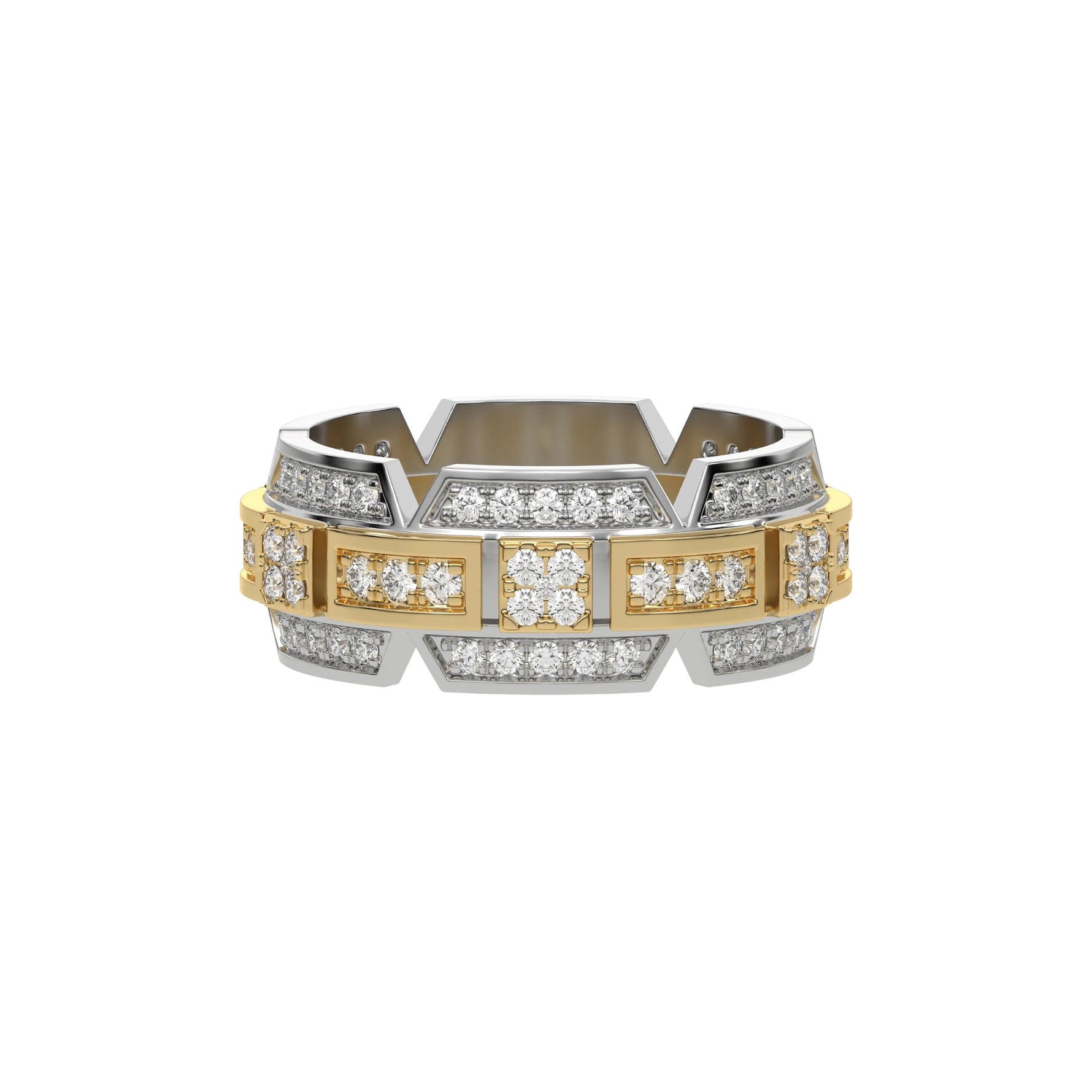 This two tone diamond ring is made with 87 round brilliant cut diamonds, totaling approximately 1.10 carats, all set to perfection in top view