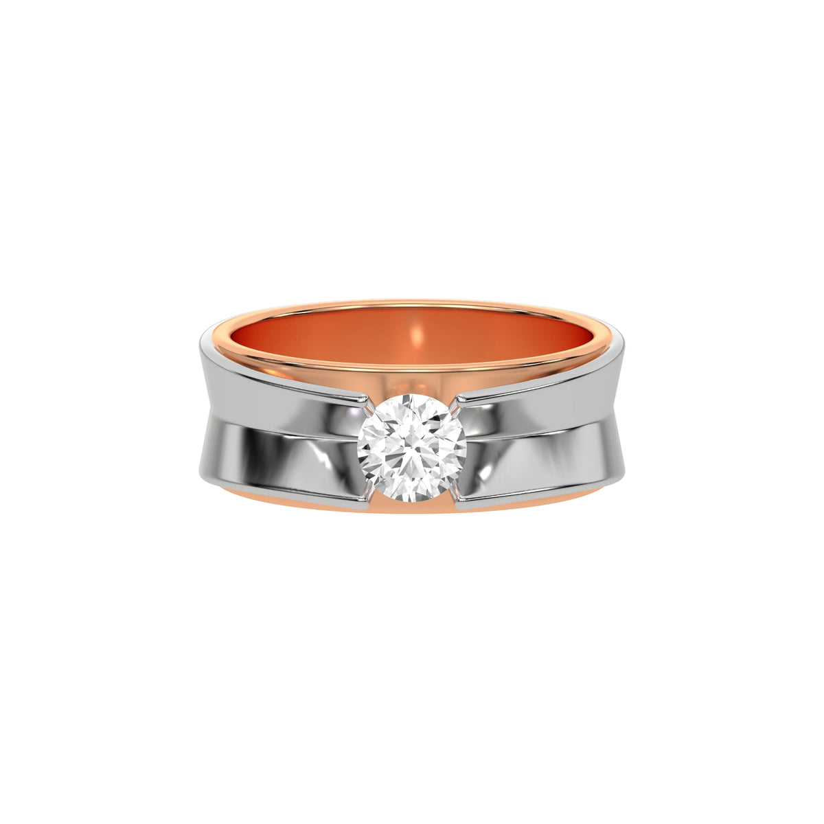 This rose and white gold diamond solitaire ring, boasting a two-tone gold design and adorned with a round brilliant-cut diamond delicately set in a tension setting in top view