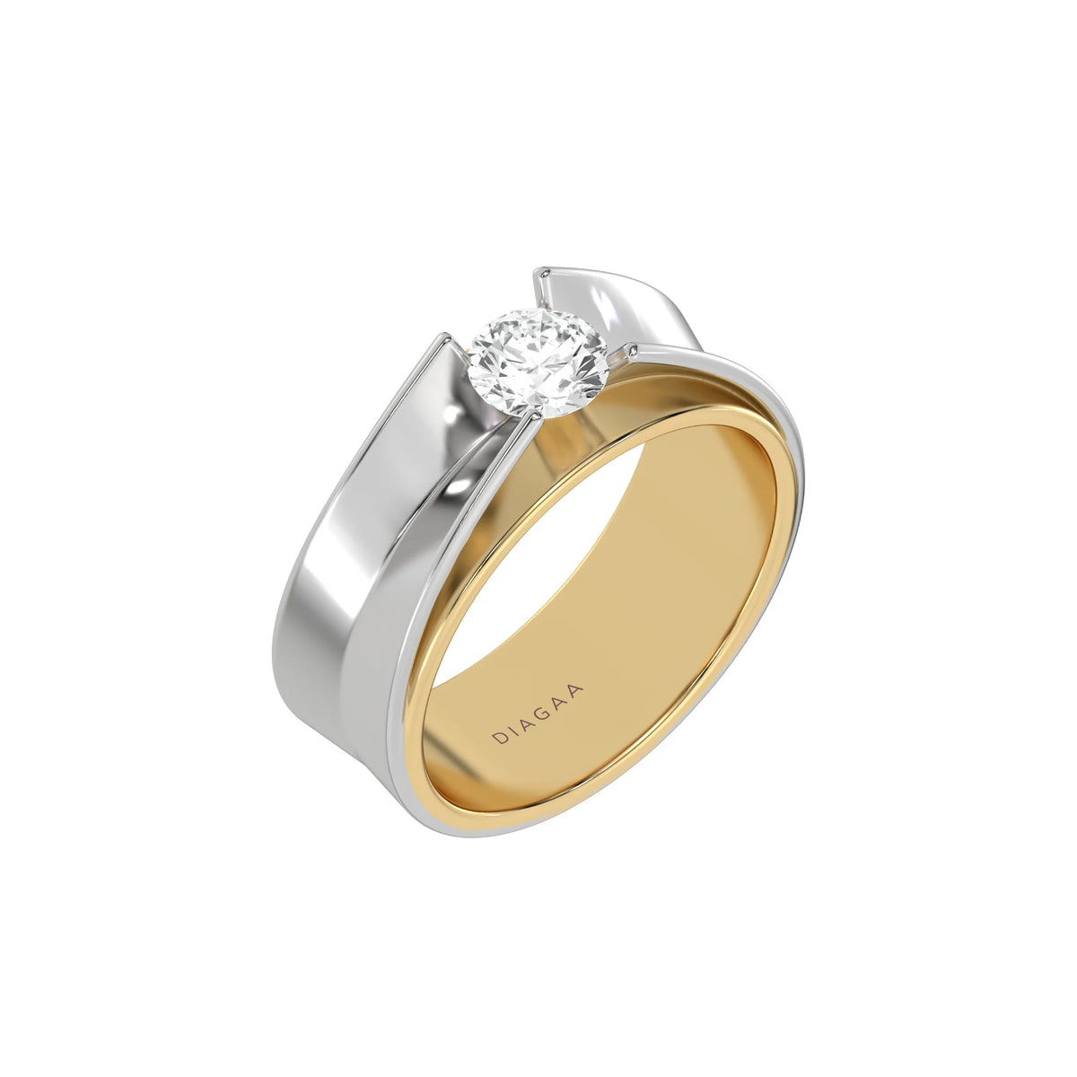 This yellow and white gold diamond solitaire ring, boasting a two-tone gold design and adorned with a round brilliant-cut diamond delicately set in a tension setting in 3D view