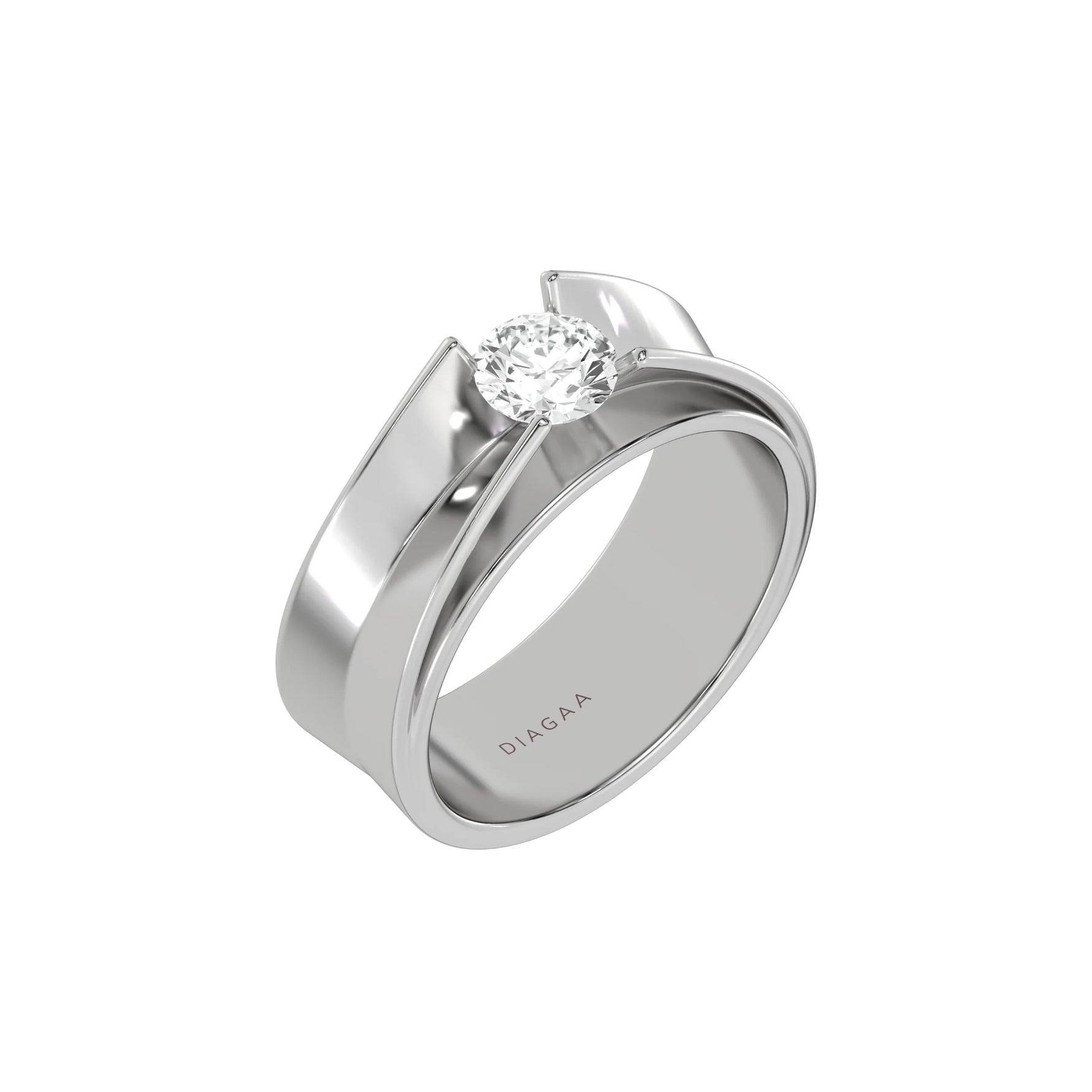 This white gold Diamond solitaire ring, boasting a two-tone gold design and adorned with a round brilliant-cut diamond delicately set in a tension setting in 3D view