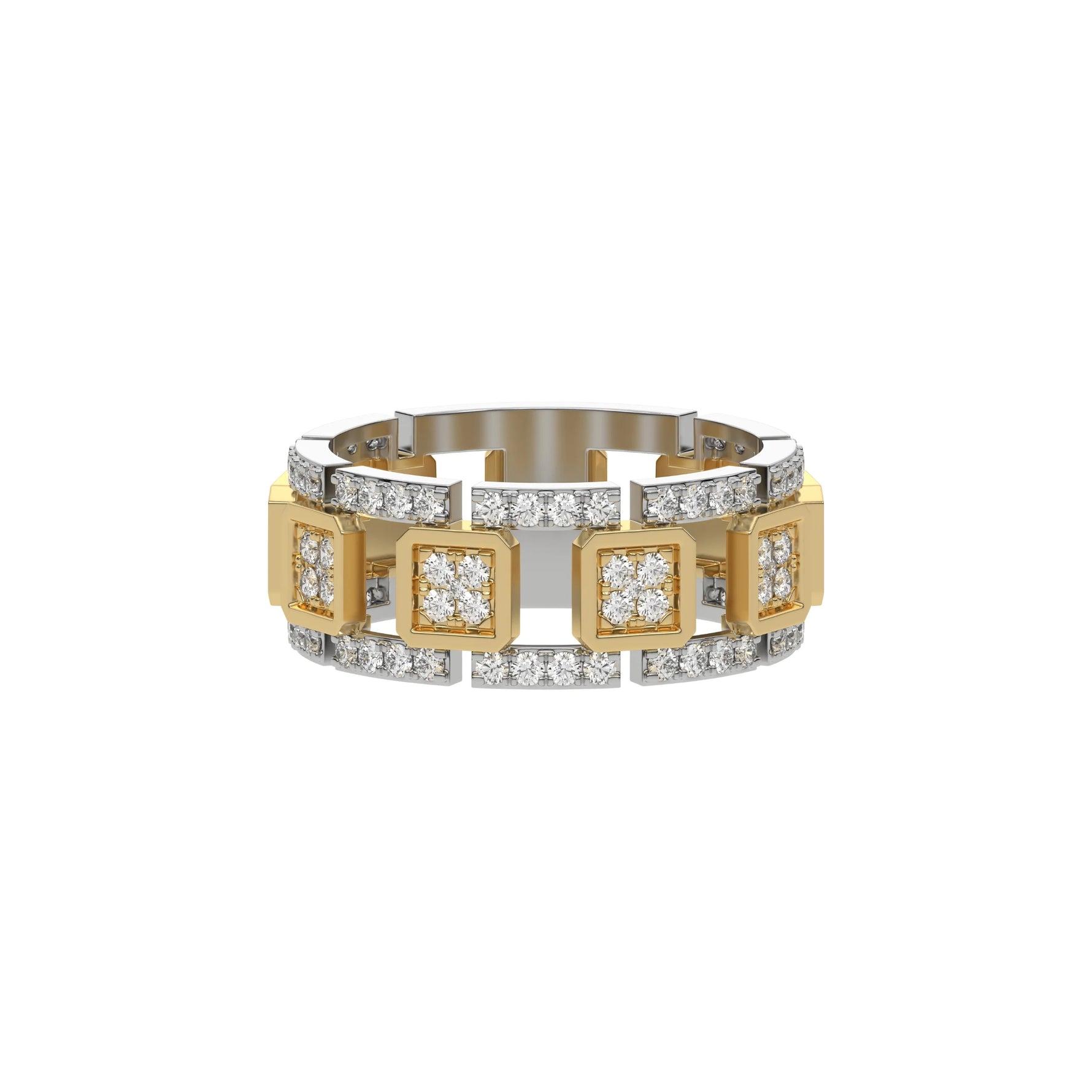 This dual-tone diamond eternity ring, meticulously crafted with solid gold and adorned with approximately 1.05 carats of round brilliant-cut diamonds. Each diamond is expertly set in a secure prong setting in top view