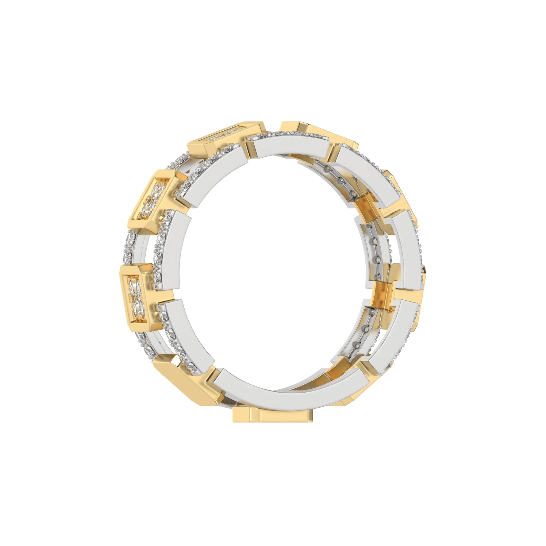 This dual-tone diamond eternity ring, meticulously crafted with solid gold and adorned with approximately 1.05 carats of round brilliant-cut diamonds. Each diamond is expertly set in a secure prong setting in through finger view