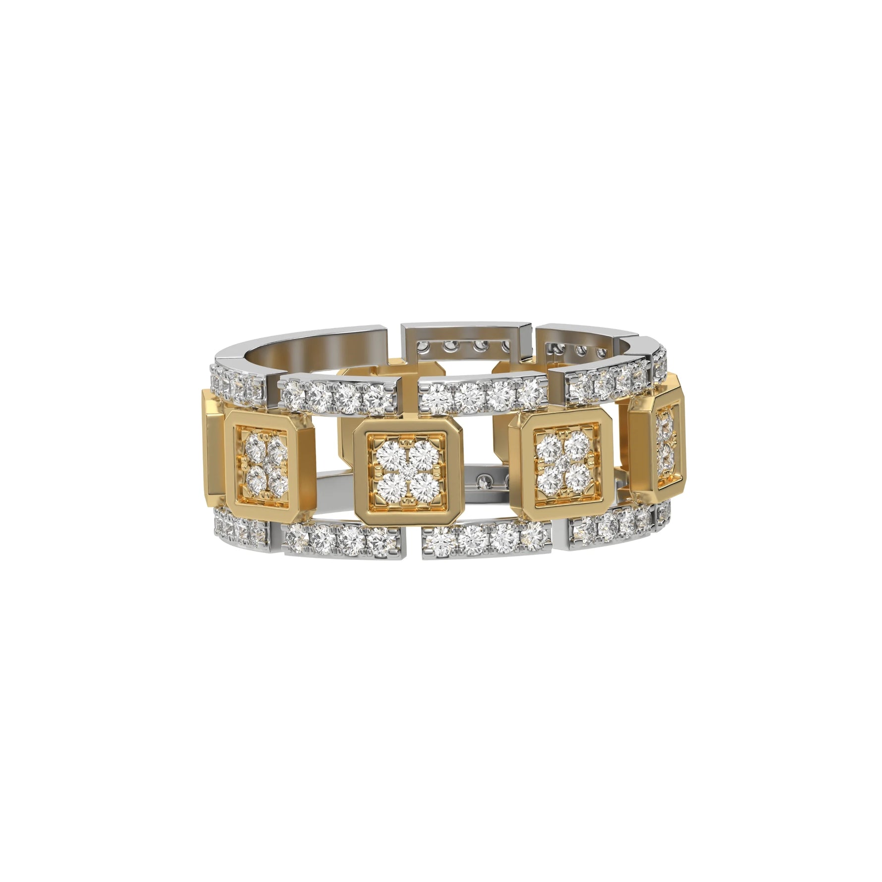 This dual-tone diamond eternity ring, meticulously crafted with solid gold and adorned with approximately 1.05 carats of round brilliant-cut diamonds. Each diamond is expertly set in a secure prong setting in side view