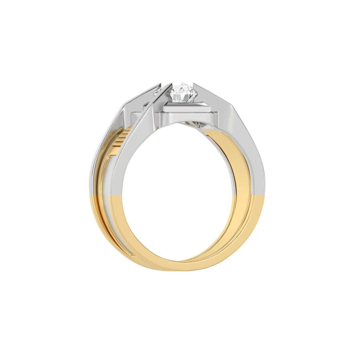 This two-tone gold men round diamond ring showcases a 1 Ct round diamond solitaire held elegantly in a four-prong setting in through finger view