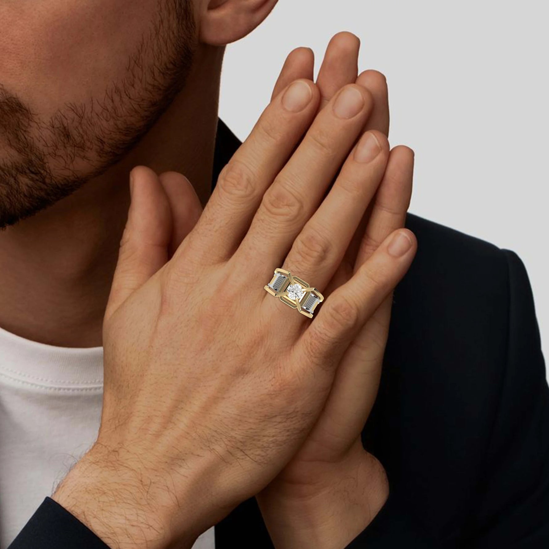 This two-tone gold men round diamond ring showcases a 1 Ct round diamond solitaire held elegantly in a four-prong setting on ring finger 