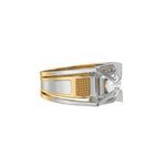 This two-tone gold men round diamond ring showcases a 1 Ct round diamond solitaire held elegantly in a four-prong setting in side view