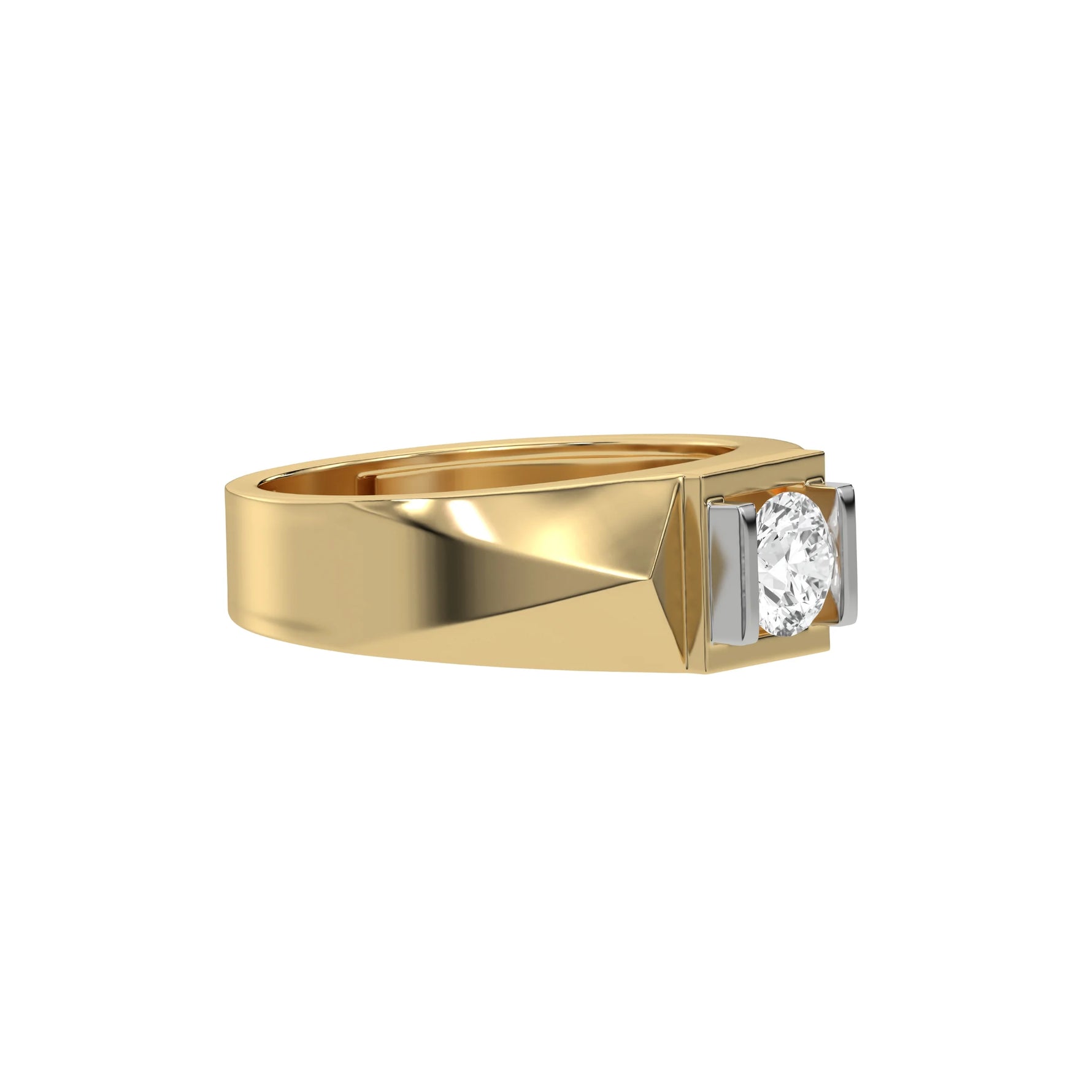 This  two-tone tension set diamond solitaire ring, showcasing a striking 0.70 Ct round diamond at its center, flawlessly secured in a tension setting in side view