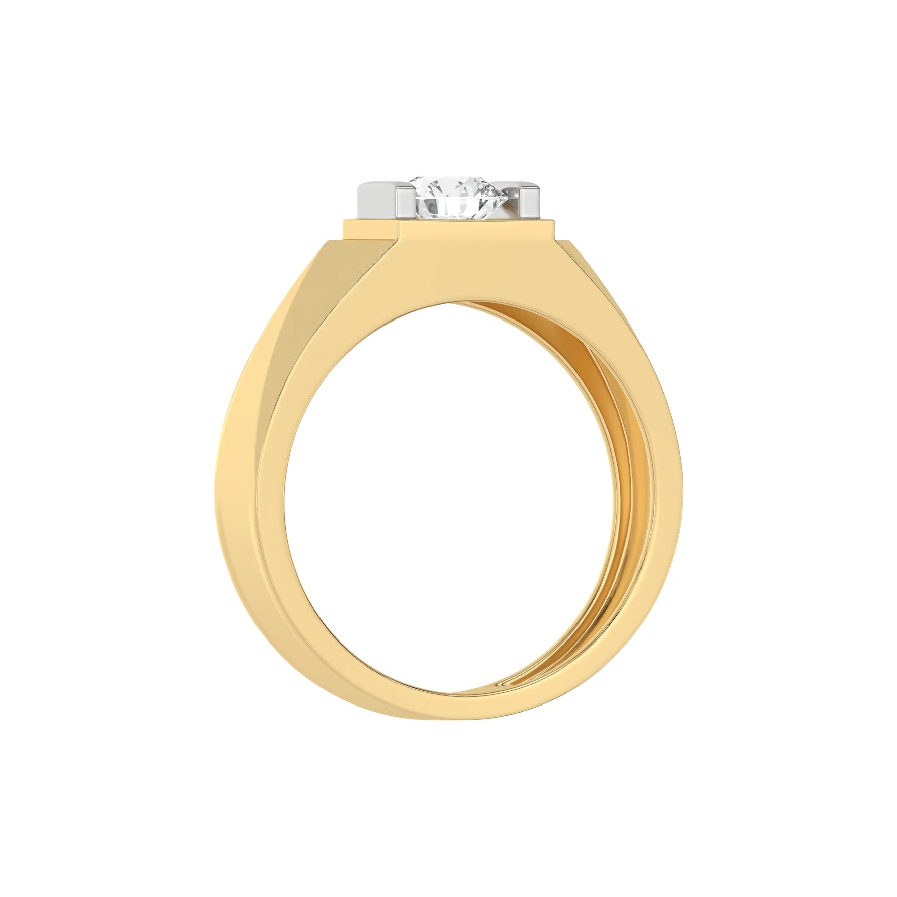 This  two-tone tension set diamond solitaire ring, showcasing a striking 0.70 Ct round diamond at its center, flawlessly secured in a tension setting in through finger view