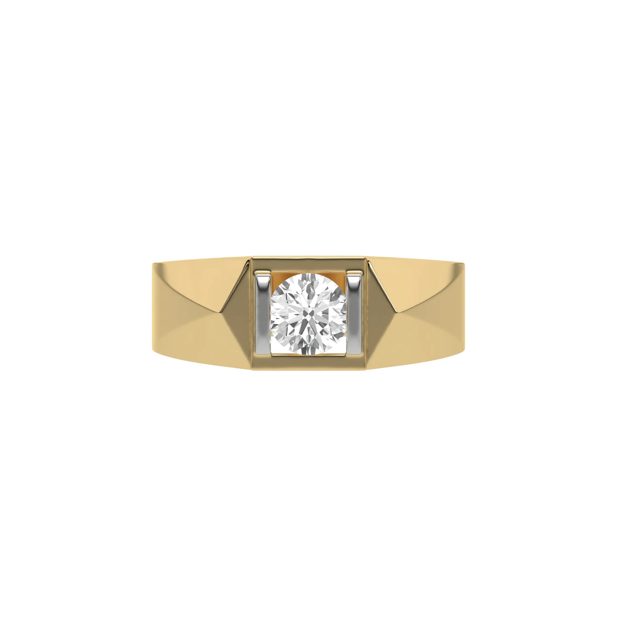 This Two-tone tension set diamond solitaire ring, showcasing a striking 0.70 Ct round diamond at its center, flawlessly secured in a tension setting in top view