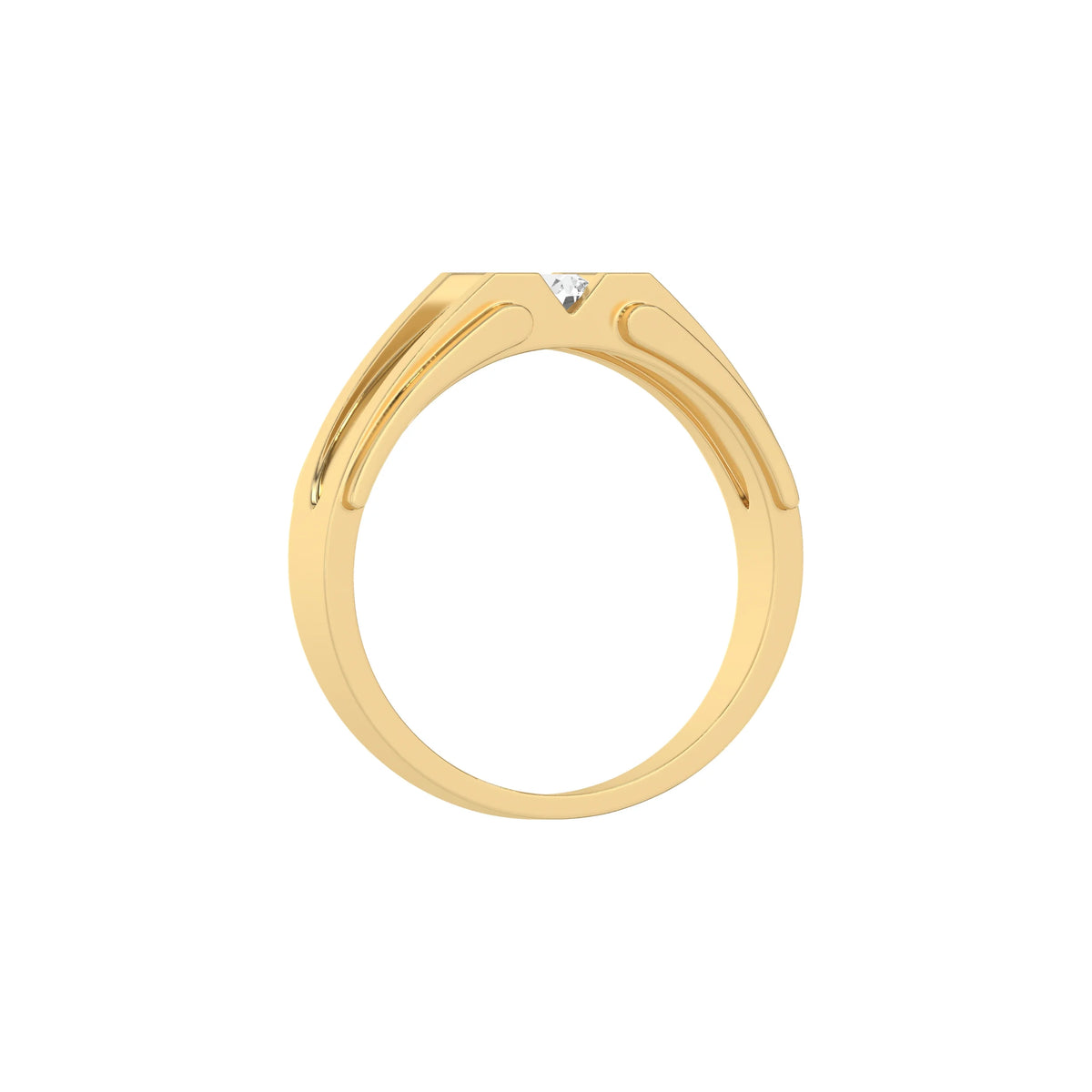 This yellow gold V-shaped diamond ring features a dazzling 0.50 CT center diamond delicately secured in a captivating V-shaped setting with four prongs in through finger view