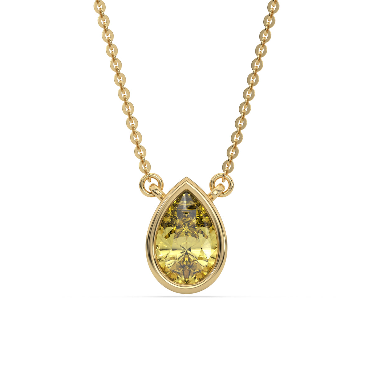 This yellow gold Fancy Yellow Pear Solitaire Diamond Necklace made with a fancy yellow pear cut diamond in bezel setting with adjustable chain in top view