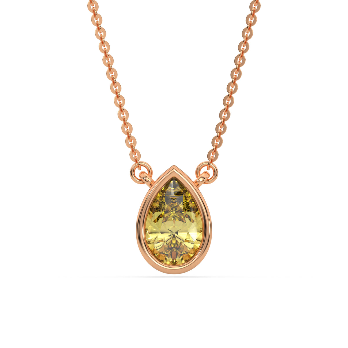 This rose gold Fancy Yellow Pear Solitaire Diamond Necklace made with a fancy yellow pear cut diamond in bezel setting with adjustable chain in top view