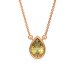 This rose gold Fancy Yellow Pear Solitaire Diamond Necklace made with a fancy yellow pear cut diamond in bezel setting with adjustable chain in top view