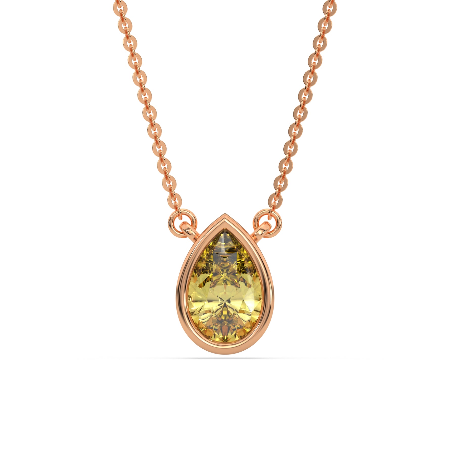 This rose gold Fancy Yellow Pear Solitaire Diamond Necklace made with a fancy yellow pear cut diamond in bezel setting with adjustable chain in top view