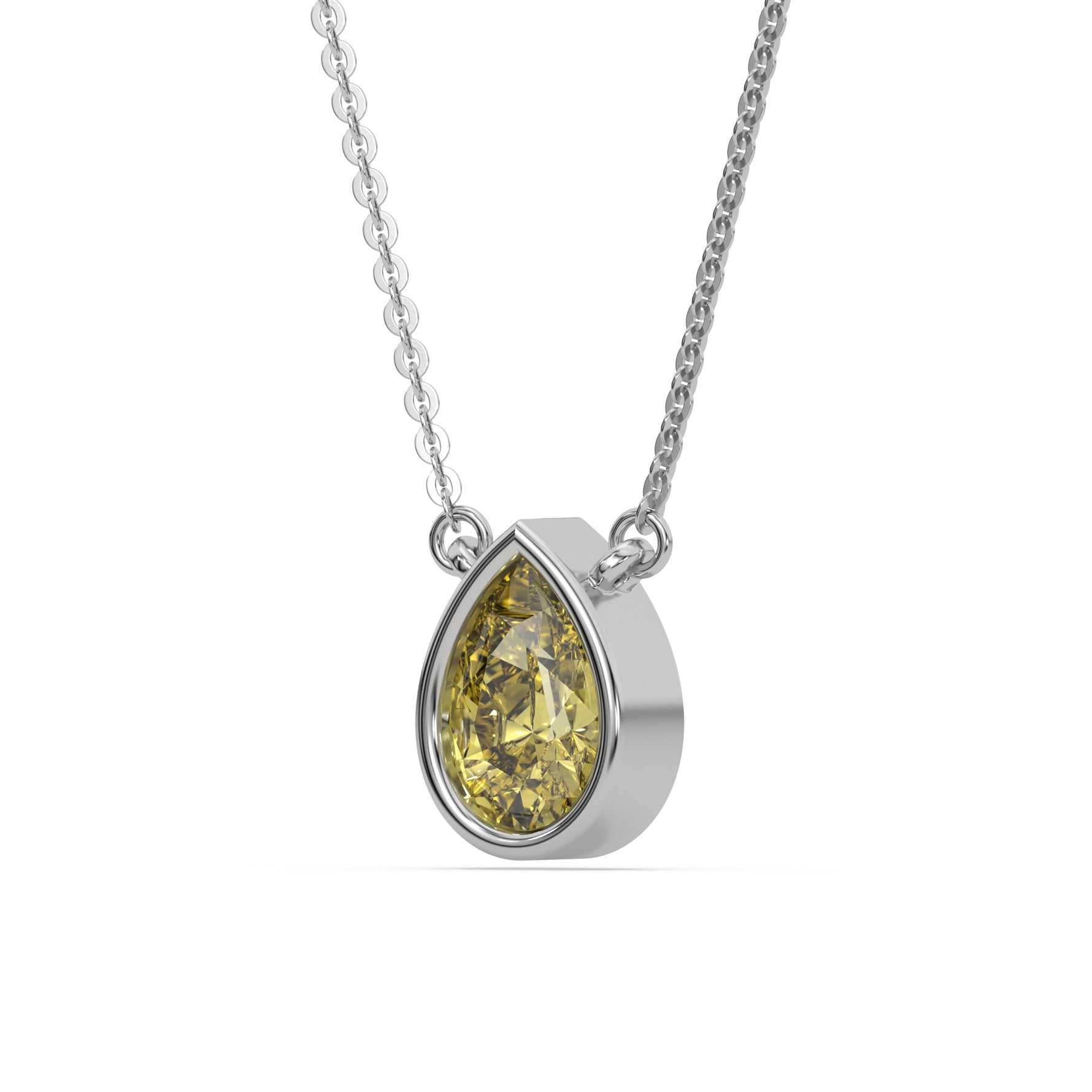 This white gold Fancy Yellow Pear Solitaire Diamond Necklace made with a fancy yellow pear cut diamond in bezel setting with adjustable chain in side view