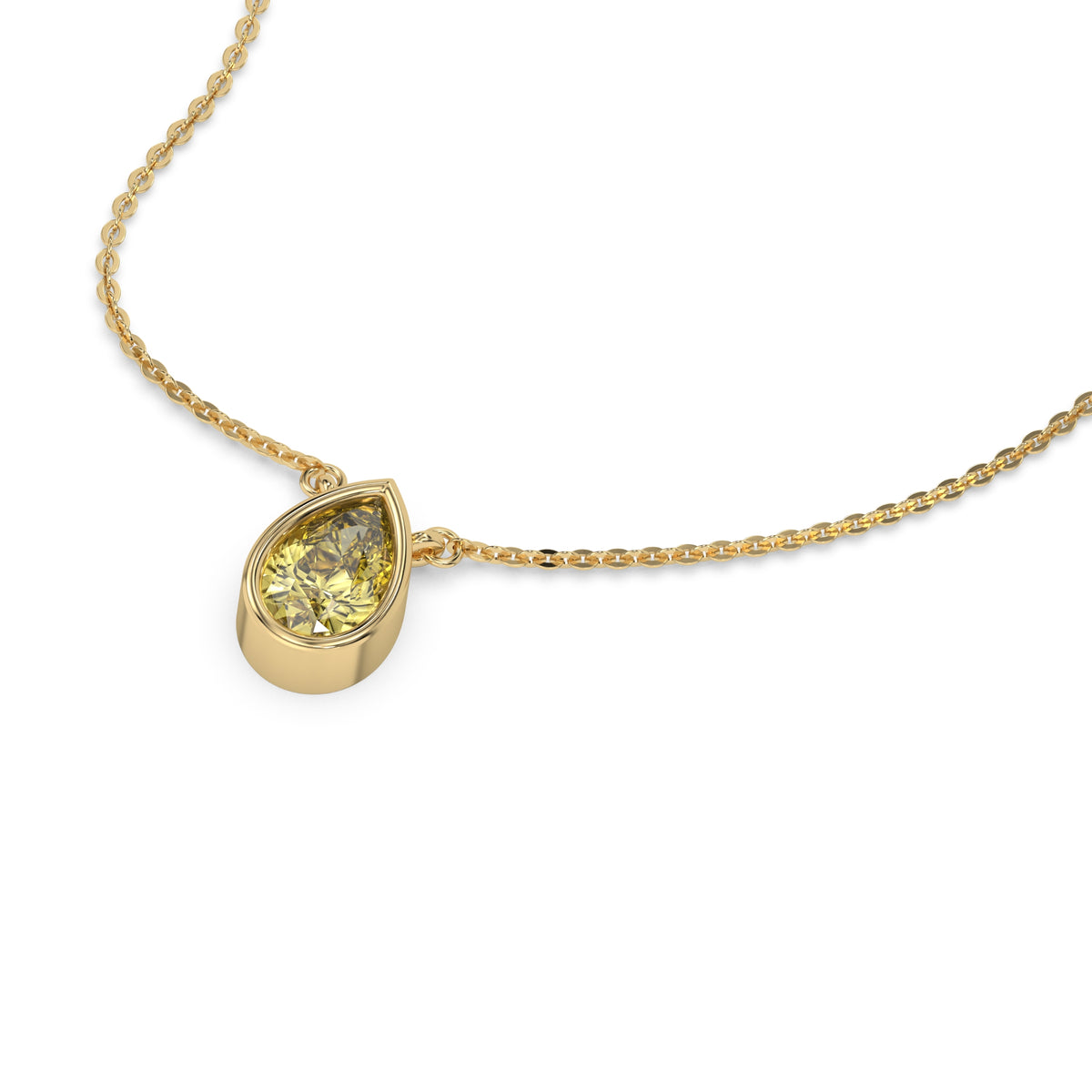 This yellow gold Fancy Yellow Pear Solitaire Diamond Necklace made with a fancy yellow pear cut diamond in bezel setting with adjustable chain in 3d view