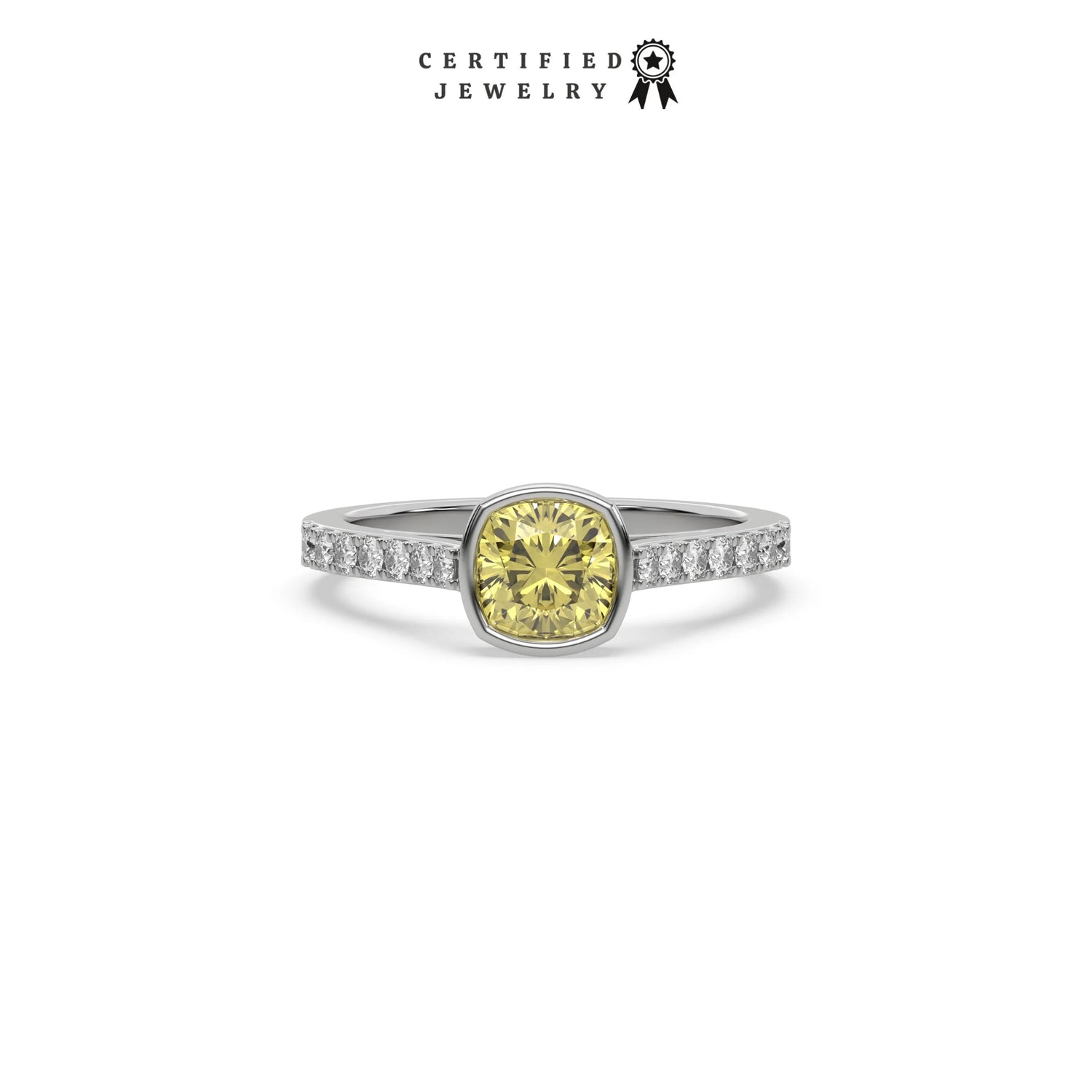 3 CT Fancy Yellow Diamond Cushion Solitaire Bezel Engagement Ring