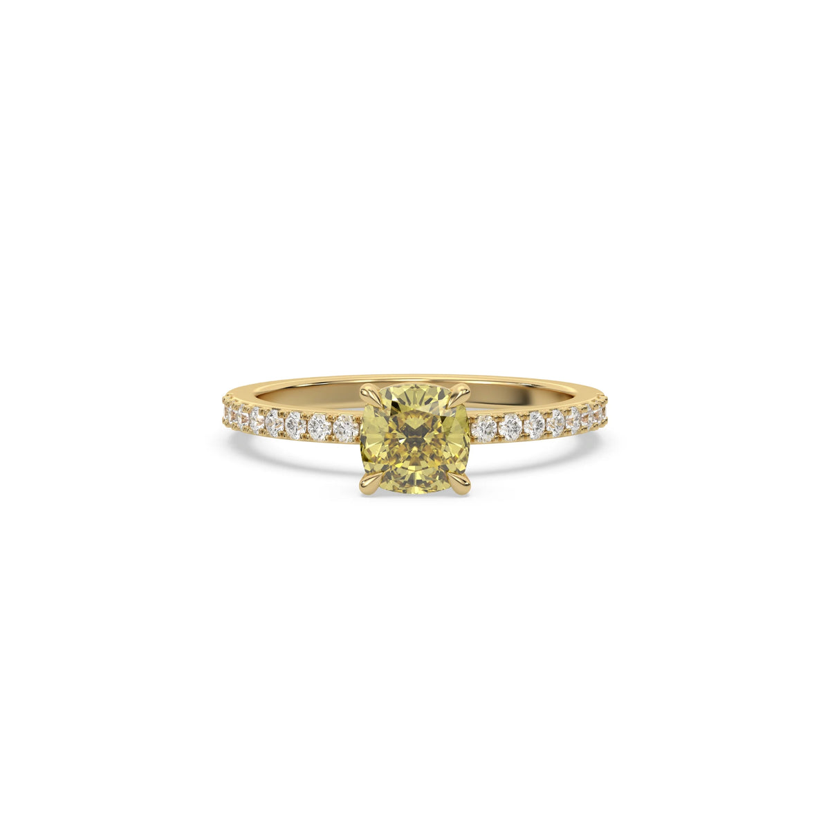 This Yellow gold ring displayed in Front view is made with a cushion solitaire diamond set in four-prong setting