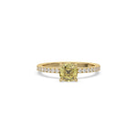 This Yellow gold ring displayed in Front view is made with a cushion solitaire diamond set in four-prong setting