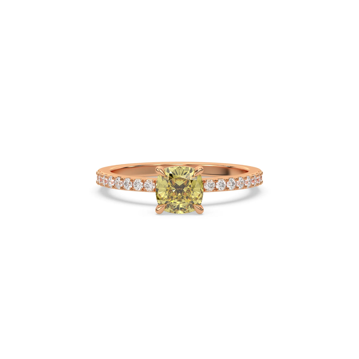 This Rose gold ring displayed in Front view is made with a cushion solitaire diamond set in four-prong setting