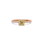 This Rose gold ring displayed in Front view is made with a cushion solitaire diamond set in four-prong setting