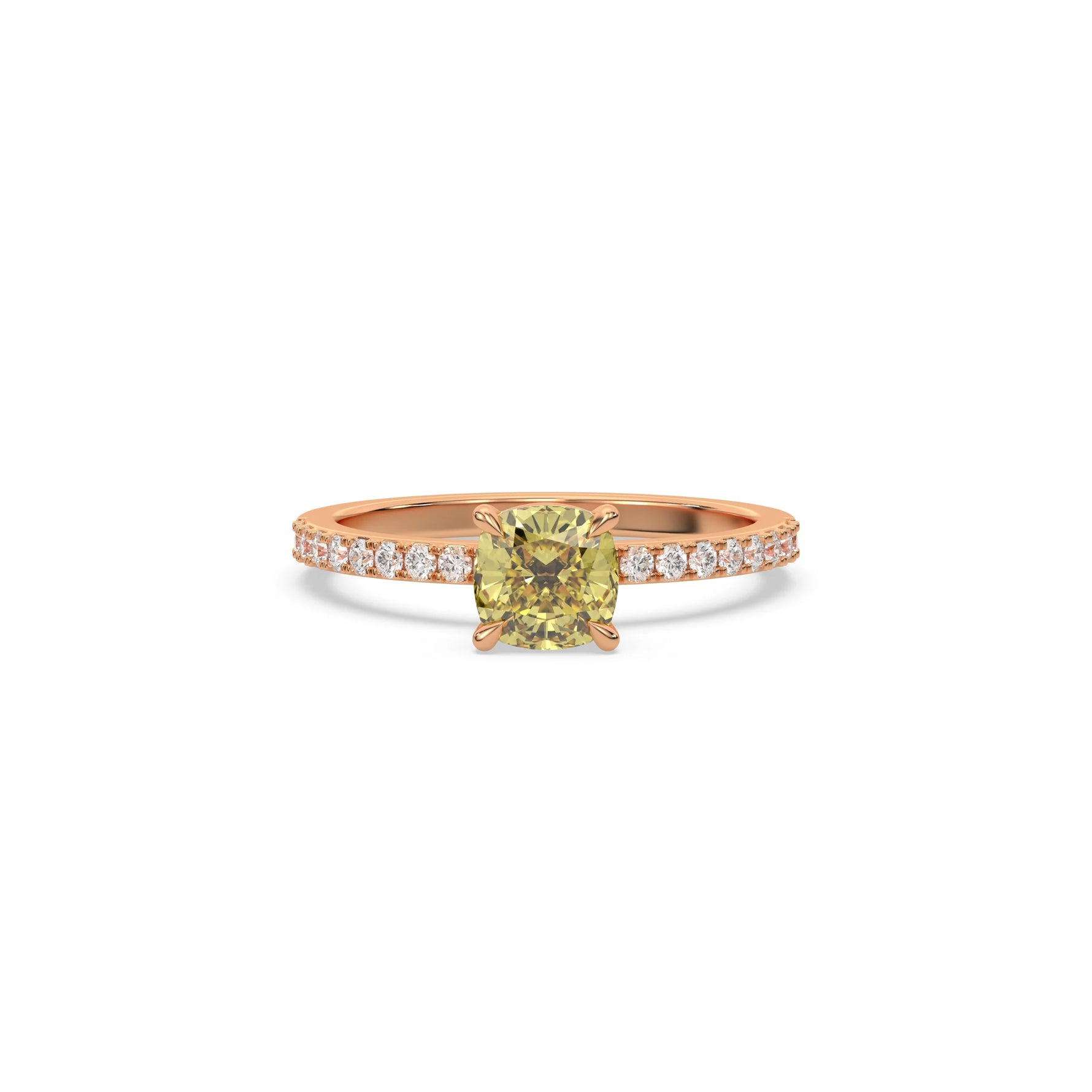 This Rose gold ring displayed in Front view is made with a cushion solitaire diamond set in four-prong setting