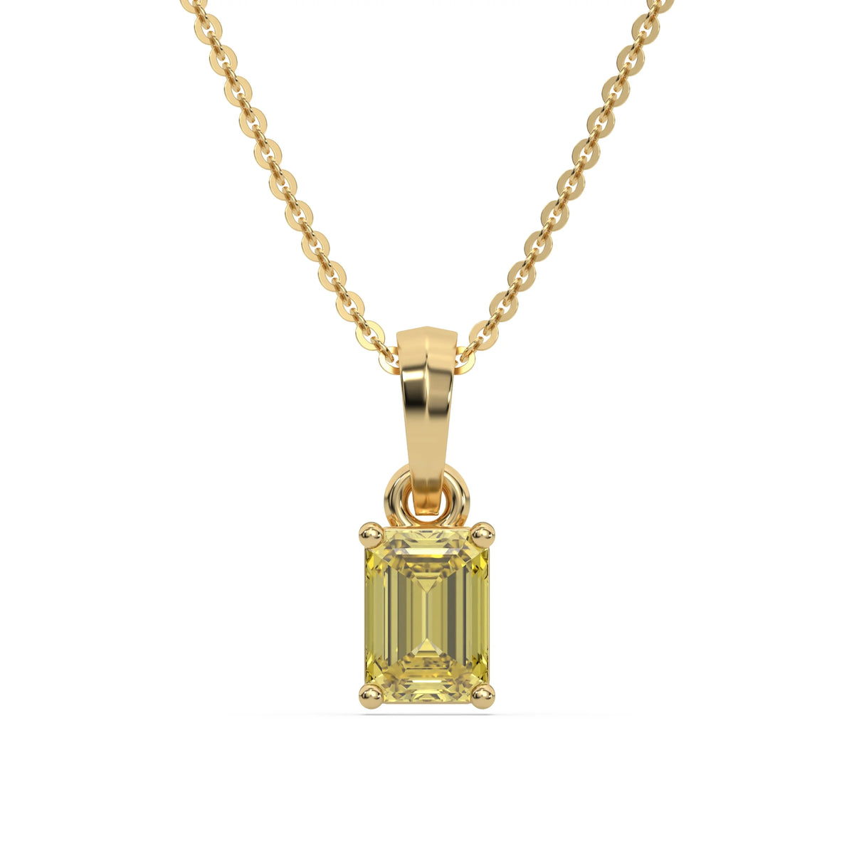 This yellow gold Fancy Yellow Emerald Solitaire Diamond Necklace made with an fancy yellow emerald cut diamond in a four prong setting with adjustable chain in top view