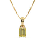 This yellow gold Fancy Yellow Emerald Solitaire Diamond Necklace made with an fancy yellow emerald cut diamond in a four prong setting with adjustable chain in top view