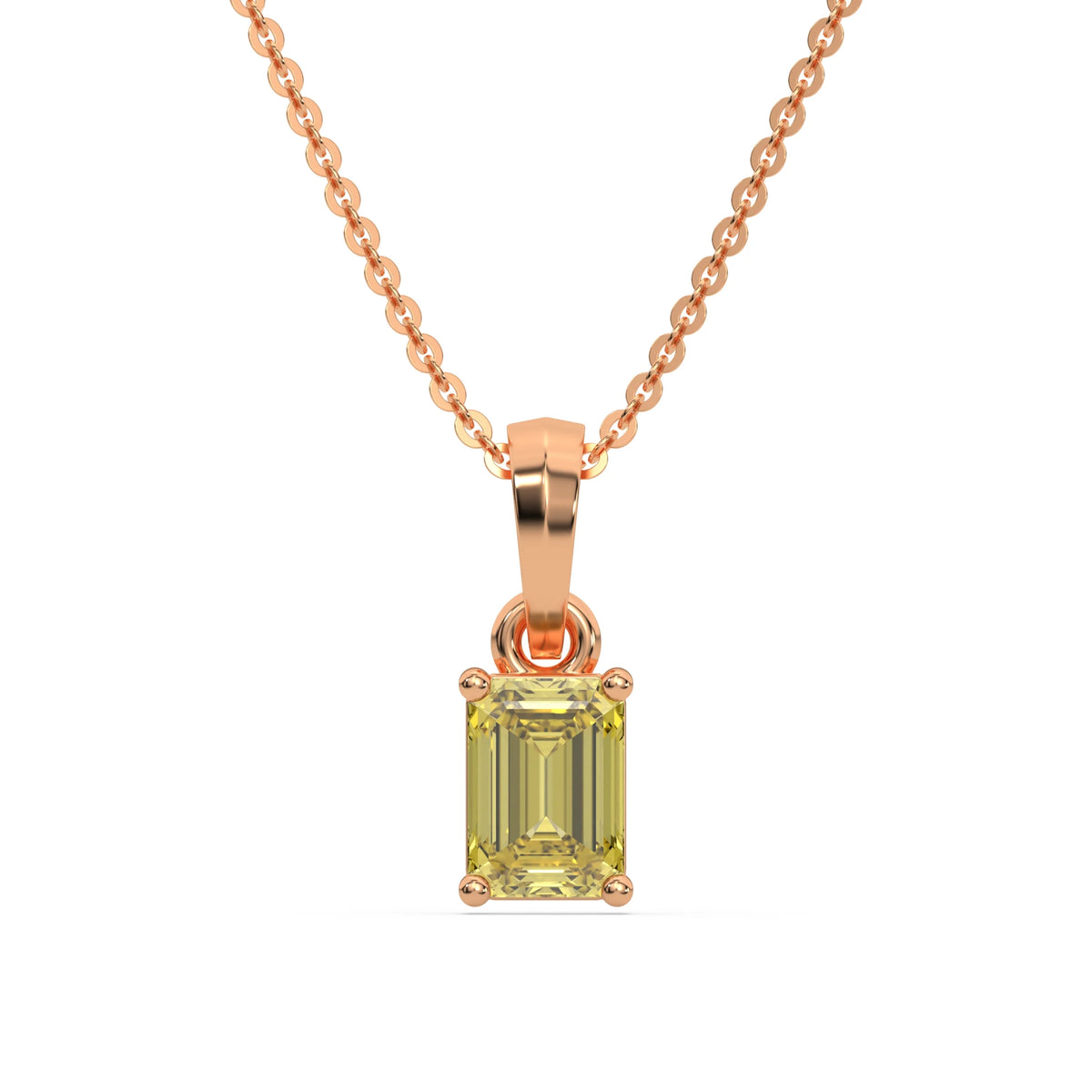 This rose gold Fancy Yellow Emerald Solitaire Diamond Necklace made with an fancy yellow emerald cut diamond in a four prong setting with adjustable chain in top view