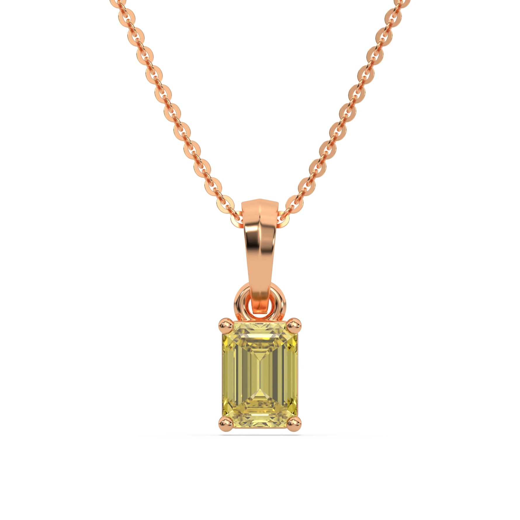 This rose gold Fancy Yellow Emerald Solitaire Diamond Necklace made with an fancy yellow emerald cut diamond in a four prong setting with adjustable chain in top view