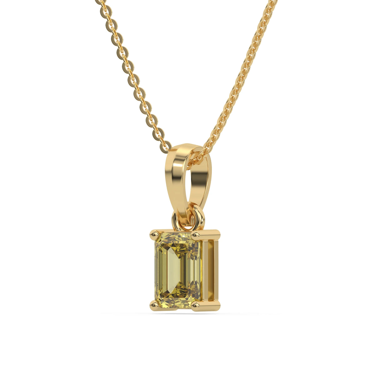 This yellow gold Fancy Yellow Emerald Solitaire Diamond Necklace made with an fancy yellow emerald cut diamond in a four prong setting with adjustable chain in side view