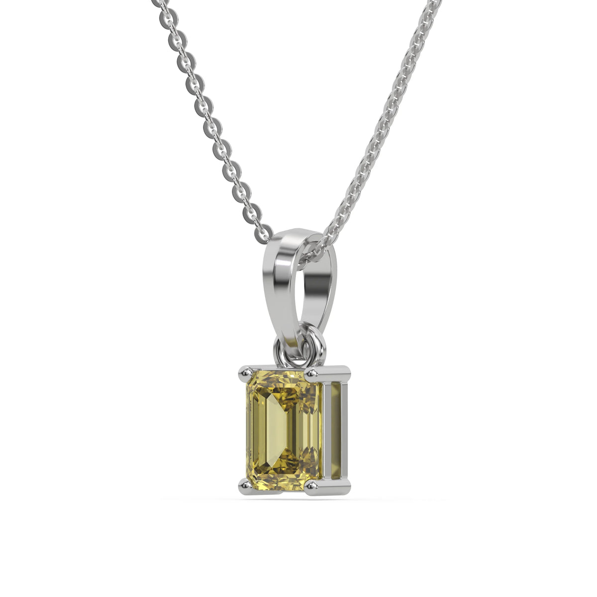 This white gold Fancy Yellow Emerald Solitaire Diamond Necklace made with an fancy yellow emerald cut diamond in a four prong setting with adjustable chain in side view