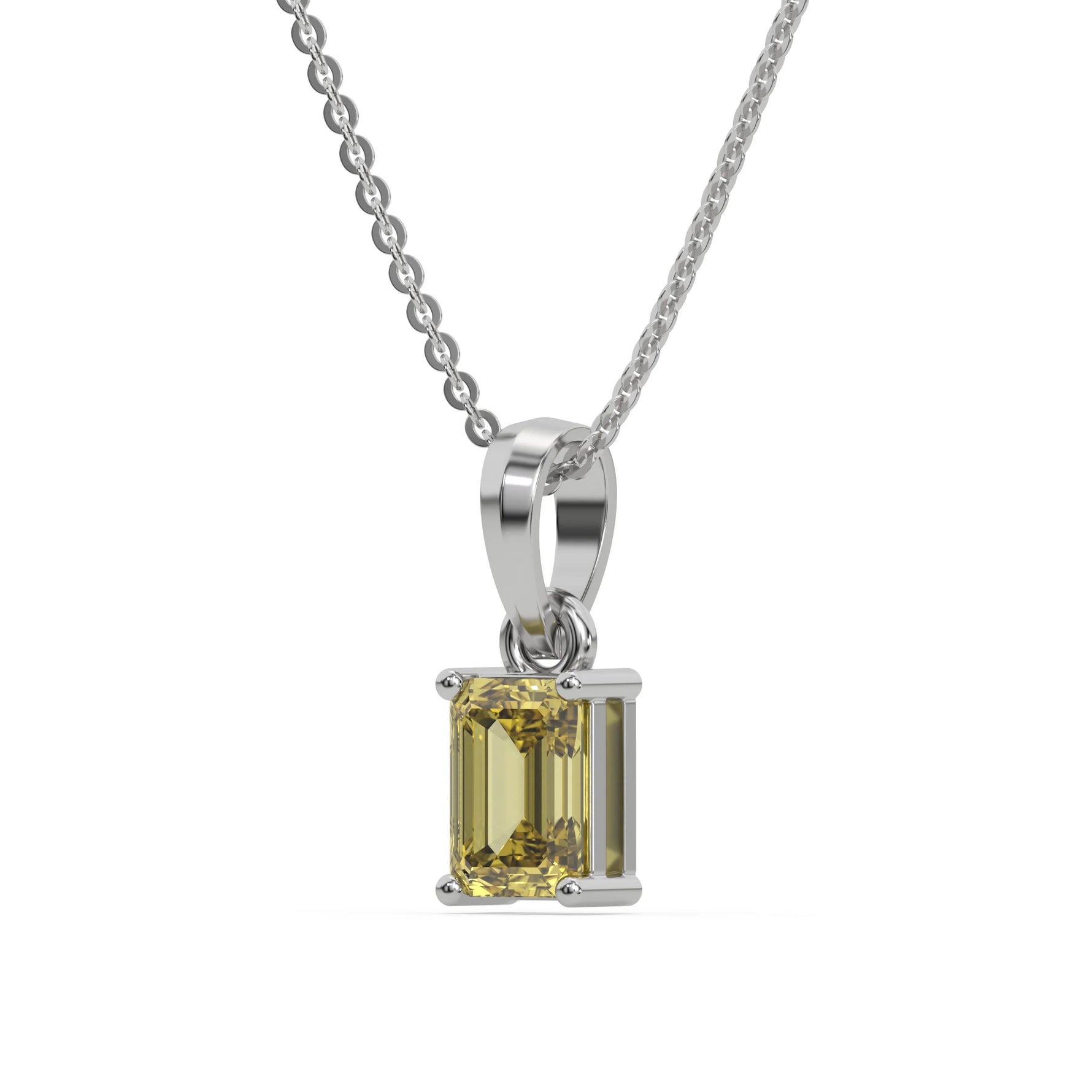 This white gold Fancy Yellow Emerald Solitaire Diamond Necklace made with an fancy yellow emerald cut diamond in a four prong setting with adjustable chain in side view