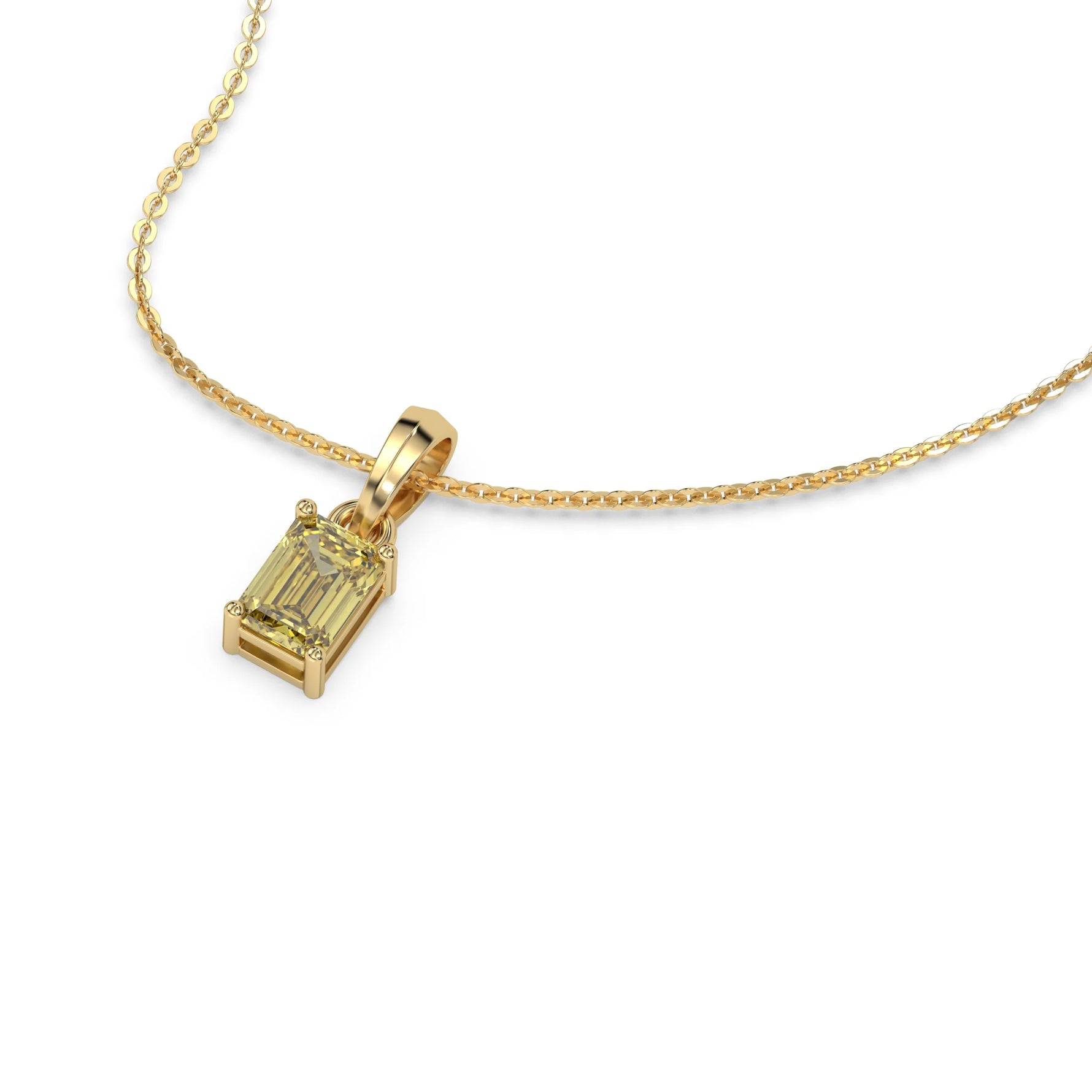 This yellow gold Fancy Yellow Emerald Solitaire Diamond Necklace made with an fancy yellow emerald cut diamond in a four prong setting with adjustable chain in 3d view