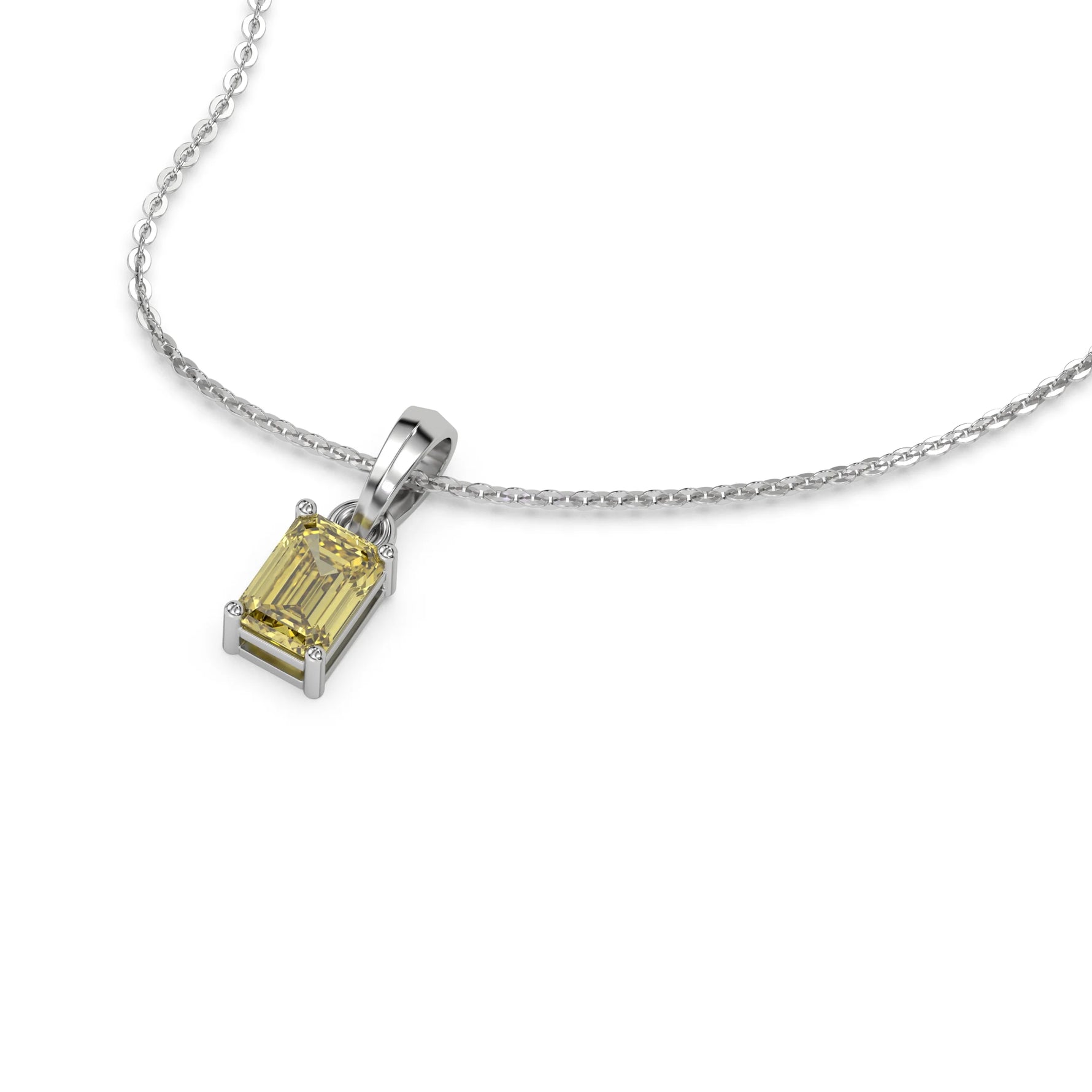 This white gold Fancy Yellow Emerald Solitaire Diamond Necklace made with an fancy yellow emerald cut diamond in a four prong setting with adjustable chain in 3d view