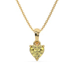 This yellow gold Fancy Yellow Heart Solitaire Diamond Necklace made with a fancy yellow heart cut diamond in a four prong setting with adjustable chain in top view