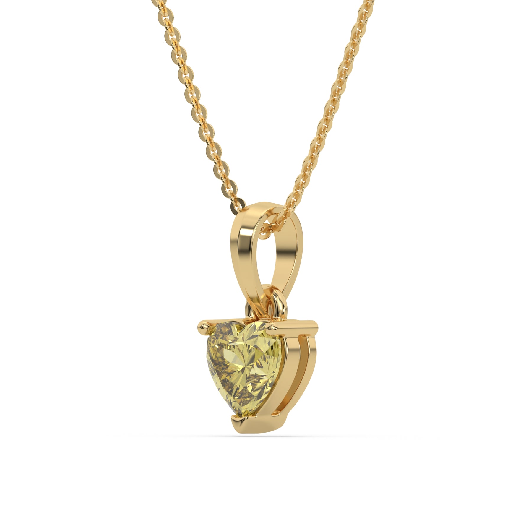 This yellow gold Fancy Yellow Heart Solitaire Diamond Necklace made with a fancy yellow heart cut diamond in a four prong setting with adjustable chain in side view