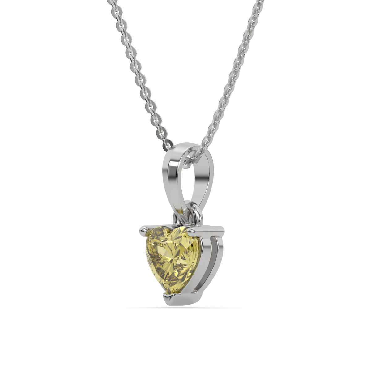 This white gold Fancy Yellow Heart Solitaire Diamond Necklace made with a fancy yellow heart cut diamond in a four prong setting with adjustable chain in side view