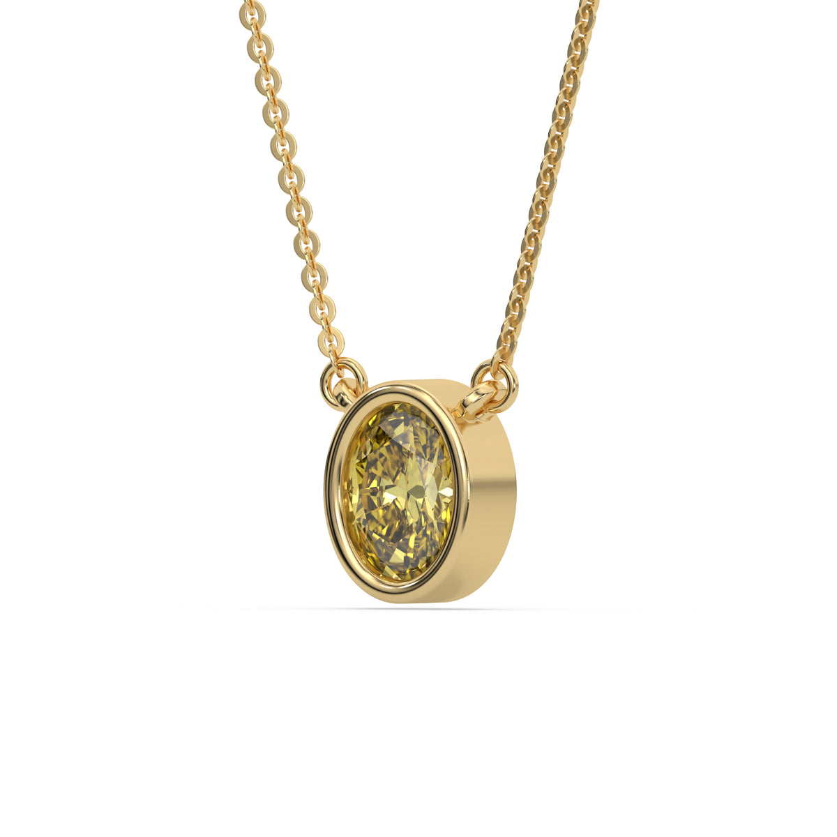 This yellow gold Fancy Yellow Oval Solitaire Diamond Necklace made with an fancy yellow oval cut diamond in bezel setting with adjustable chain in side view